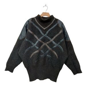 Vintage Torras Mohair Wool Leather Sweater Womens Brown M/L Dolman Sleeve Cozy